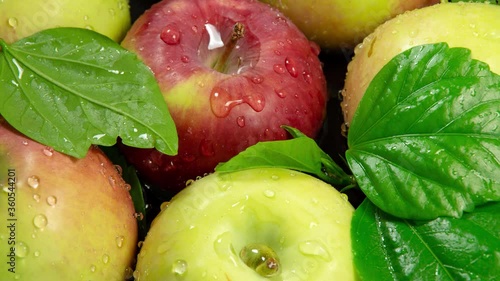 Summer apples with water drops after washing, top motion close-up