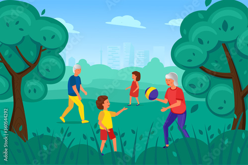 An elderly man and woman play with children in the Park. Grandparents and grandchildren. Leisure and active lifestyle of pensioners.