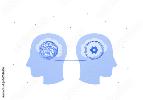 Psychology, psychotherapy and psychiatry counseling concept. Vectop flat illustration. Two human head patient with tangled thread and psychologist sign. Design element for banner, web, infographic.