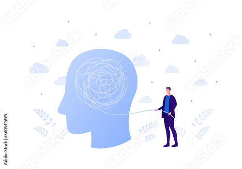 Psychology, psychotherapy and psychiatry counseling concept. Vectop flat person illustration. Patient human head with tangled thread and psychologist man. Design element for banner, web, infographic.
