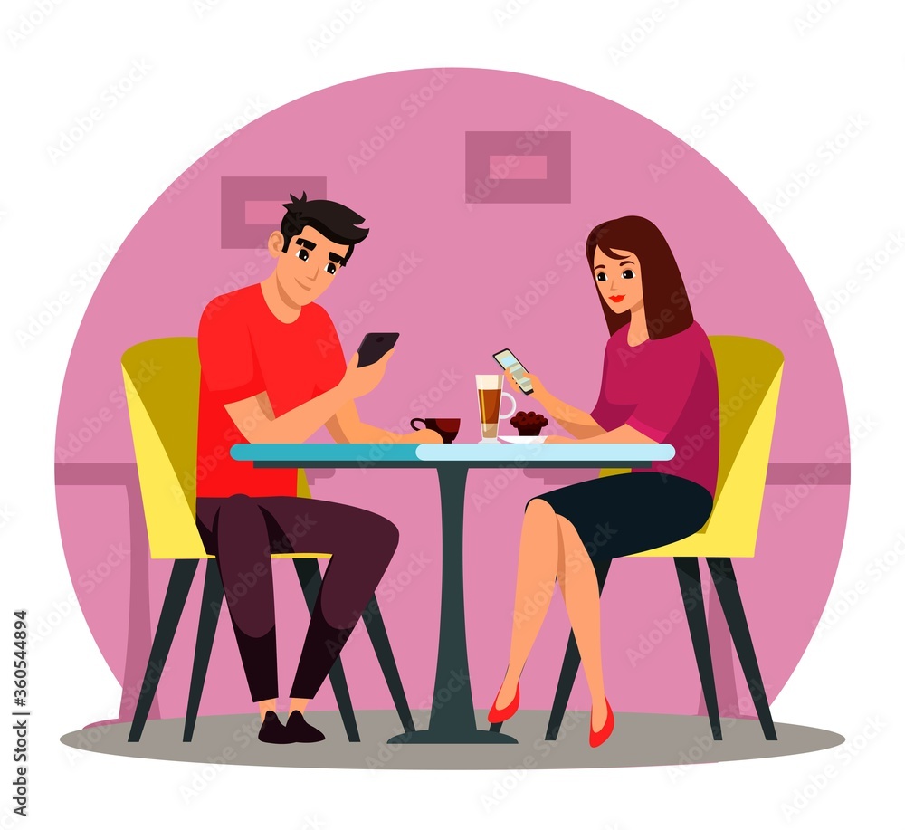 Man and woman couple using digital gadget in cafe Man and woman couple using digital gadget in cafe