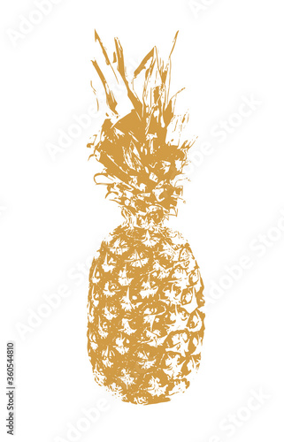 Gold pineapple. Golden hand drawn silhouette pineapple isolated on white background. Doodle style tropical summer design. Outline line ananas. Fresh fruit print. Drawing hawaii decoration. Vector
