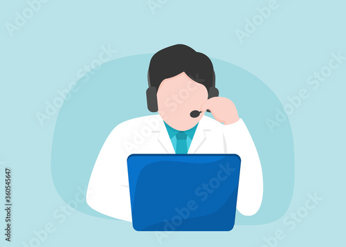online video call consultation, patient and doctor talk concept. doctor wears headset looking at camera. online medical chat consultation, tele medicine distance services, virtual physician conference