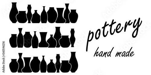 Pottery flat vector border. Handmade ceramic vase and pots . Pottery hobby. Banner for your Studio or shop. Horizontal format. Space for text