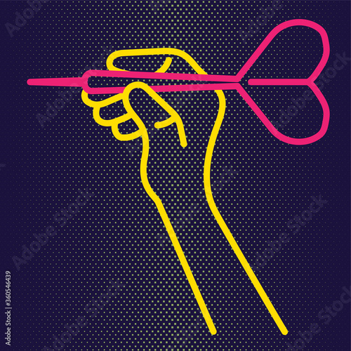 A linear hand holds a dart and aims at the target. Concept for print or web use. On a dark blue background. (ID: 360546439)