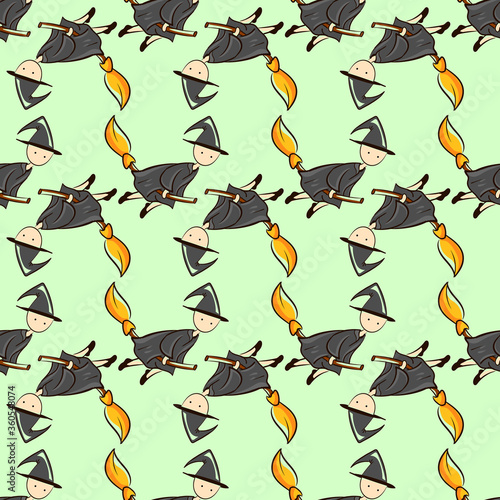 Witch on broom pattern, seamless pattern on light background.