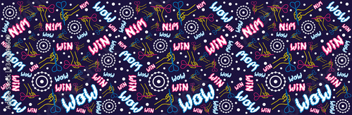 Seamless flat neon horizontal pattern. A linear hand holds a dart and aims at the target. Funny lettering. Concept for print or web use. On a dark blue background. (ID: 360548609)