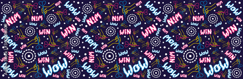 Seamless flat neon horizontal pattern. A linear hand holds a dart and aims at the target. Funny lettering. Concept for print or web use. On a dark blue background.