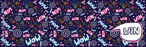 Seamless flat neon horizontal pattern. A linear hand holds a dart and aims at the target. Funny lettering. Concept for print or web use. On a dark blue background. Bubble with lettering. (ID: 360548861)