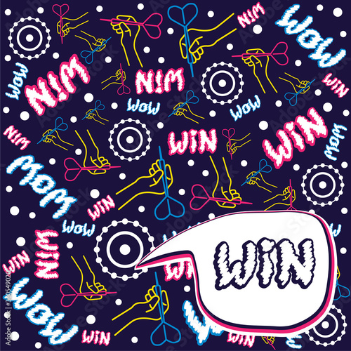 Seamless flat neon pattern. A linear hand holds a dart and aims at the target. Funny lettering. Concept for print or web use. On a dark blue background.Bubble with lettering.