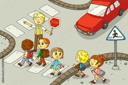 Kid group leading by teacher on crosswalk vector