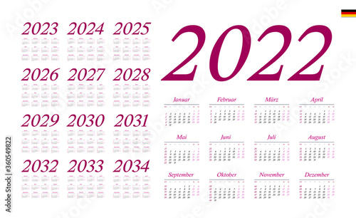 German Calendar for 2022-2034. Week starts on Monday
