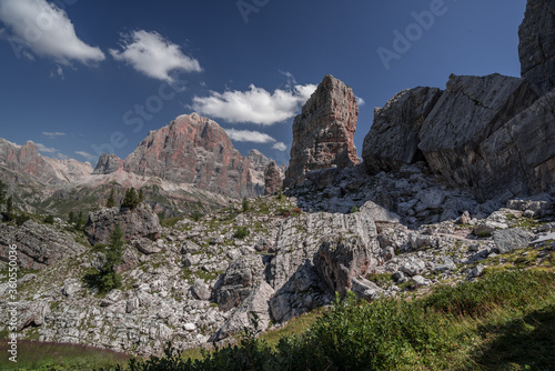 View of Tofana di Rozes mountain and Cinque Torri rock formations in Nuvolau mountai group, Cortina d'Ampezzo, Dolomites, South Tirol, Italy.