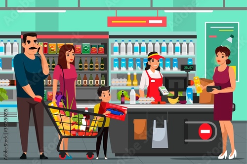 Vector character illustration of cashier and shoppers at supermarket