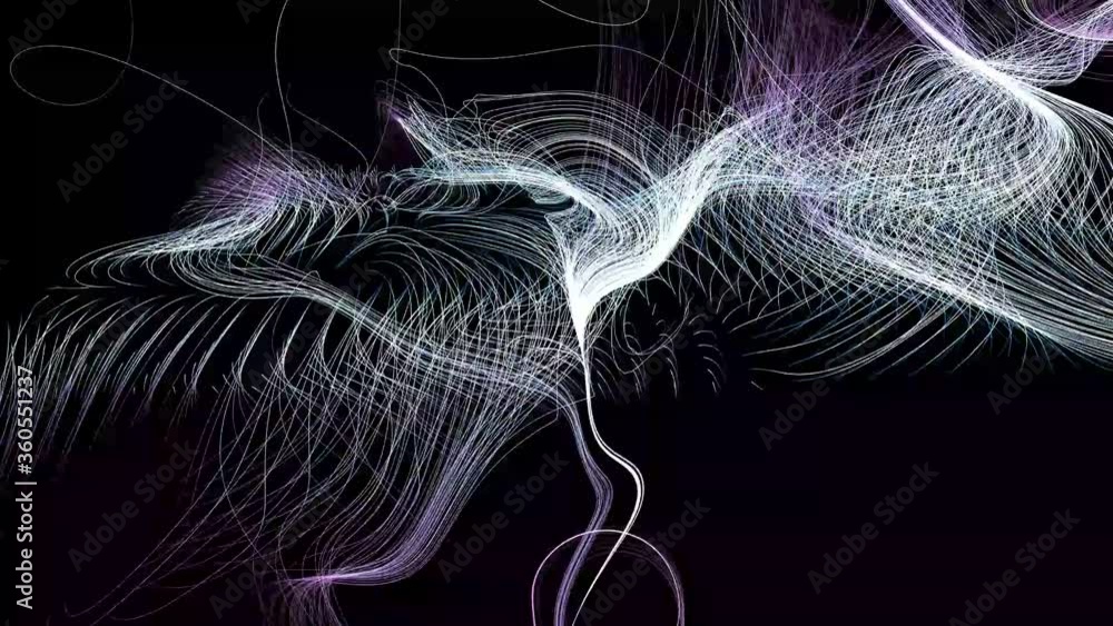 3d render of abstract art of 3d background with surreal hills mountains or dunes in curve wavy round parallel lines on surface in white,  purple and gray color in the dark on black background