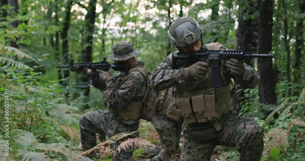 Soldiers in the smoke moving in battle operation through dense forest Soldiers in the smoke moving in battle operation through dense forest