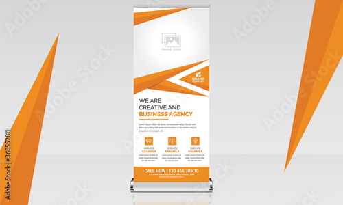 roll up banner illustrator abstract orange shadow 3d advertising marketing x stand roll up banner template  poster design