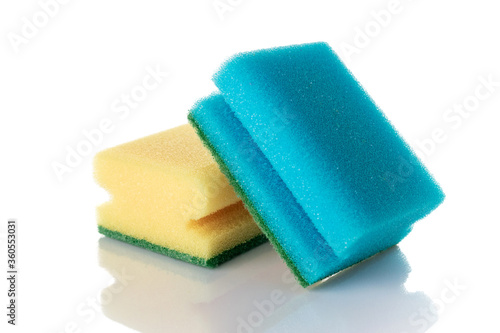 Cleaning sponge isolated on kitchen white background. Household clean equipment background. Supplies for cleaner service.