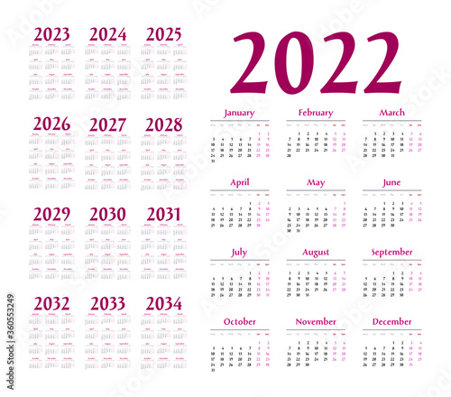 Simple calendar 2022 - 2033 on white background. Vector illustration