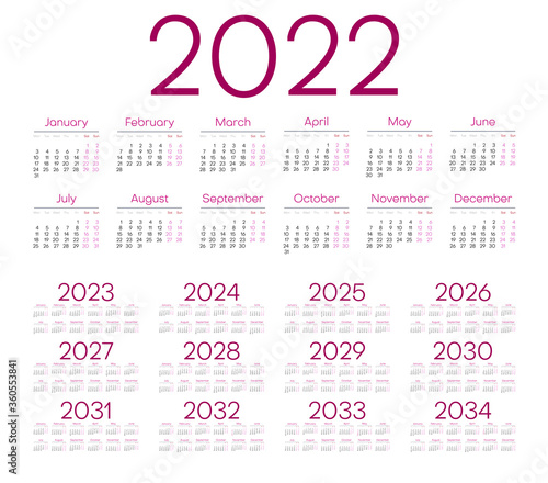 Simple calendar 2022 - 2033 on white background. Vector illustration