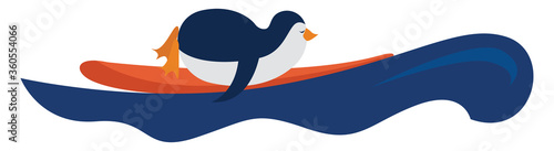 Penguin surfing, illustration, vector on white background