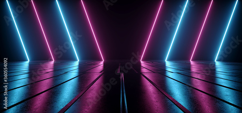Neon Laser Pillars Lights Glowing Purple Blue Tiled Metallic Concrete Reflective Floor Dark Garage Underground Gate Synth Cyber Virtual Background Retro Modern 3D Rendering © IM_VISUALS