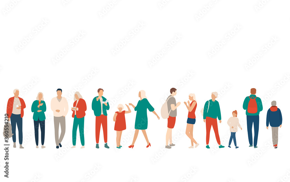 Set of men, women and children, different colors, cartoon character, group of silhouettes standing and walking business people with smart phone and backpack, flat icon design concept isolated on white Set of men, women and children, different colors, cartoon character, group of silhouettes standing and walking business people with smart phone and backpack, flat icon design concept isolated on white