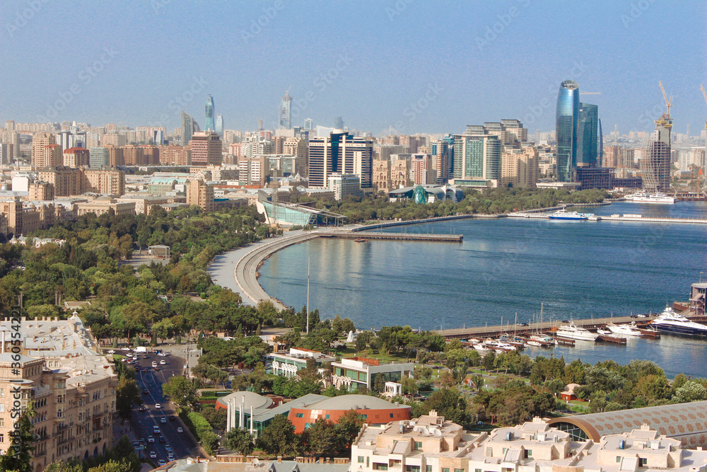 Beautiful background of Baku city. Beautiful view of Baku Boulevard. Caspian Sea. Azerbaijan.