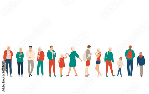 Set of men, women and children, different colors, cartoon character, group of silhouettes standing and walking business people with smart phone and backpack, flat icon design concept isolated on white