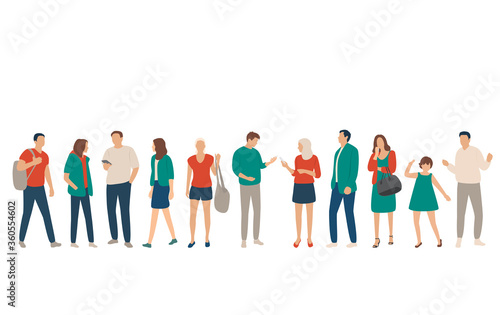Set of men, women and children, different colors, cartoon character, group of silhouettes standing and walking business people with smart phone and backpack, flat icon design concept