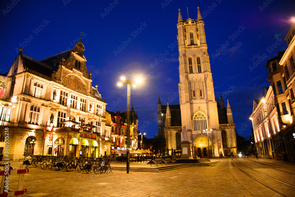 Sint-Baafsplein at night, Ghent, Belgium