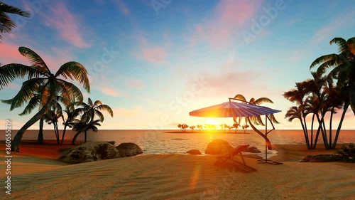 Chair and umbrella on beach at sunset