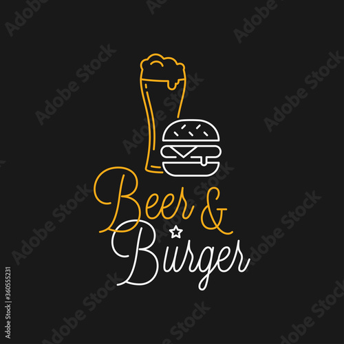 Beer and burger linear logo. Beer glass lettering