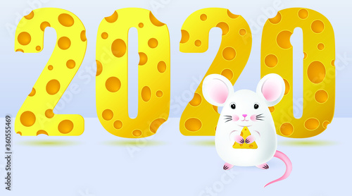 mouse with cheese on the background of the inscription 2020 with cheese texture, EPS 10