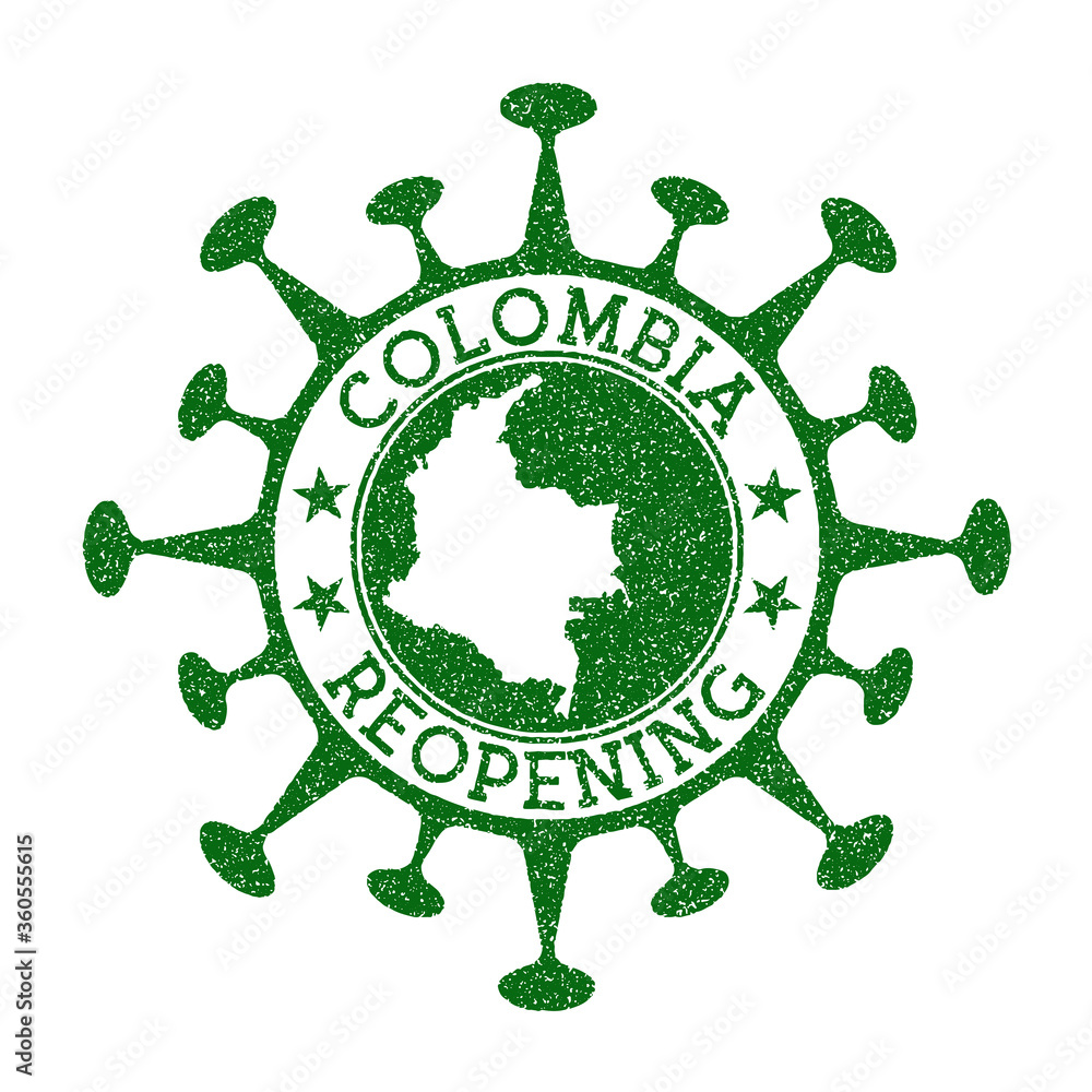 Colombia Reopening Stamp. Green round badge of country with map of Colombia. Country opening after lockdown. Vector illustration.