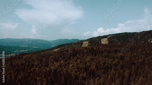 Drone shot from a lake in Oslo, called Strømsdammen. Flying low over the waterand high over ground with spectacular view of the forest outside of Oslo, Norway. Shot in 4k.  photo