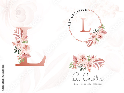 Logo set of brown watercolor floral for initial L, round, and horizontal. Premade flowers badge, monogram for branding design photo