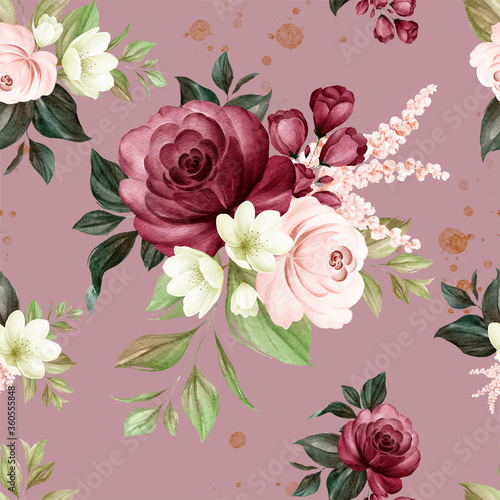 Floral seamless pattern of brown and burgundy watercolor roses and wild flowers arrangements on pastel background for fashion, print, textile, fabric, and card background