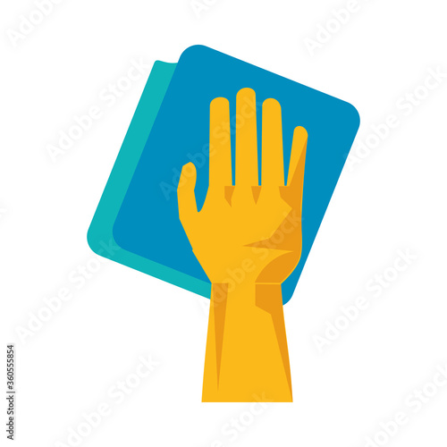 hand with rubber glove and cloth housekeeping accessory