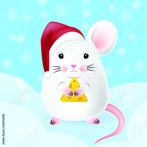 Little white mouse in a Christmas hat with a piece of cheese in the snow, EPS 10