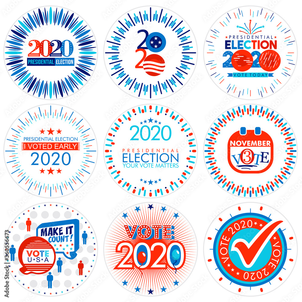 Set of nine sunburst Presidential Election campaign badges in United States of America patriotic flag colors for 2020 on an isolated white background