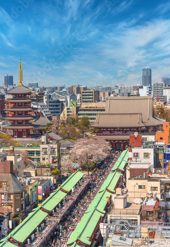 High angle view of the Nakamise shopping avenue overlooked by cherry blossoms trees with five-story pagoda of the Sensoji Buddhist temple in the Asakusa district of Tokyo photo