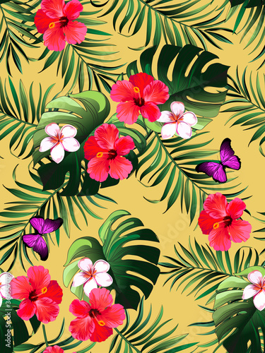 Fototapeta Naklejka Na Ścianę i Meble -  Exotic tropical pattern with strelizia, hibiscus, palm leaves. Summer vector background for fabric, cover,print design.