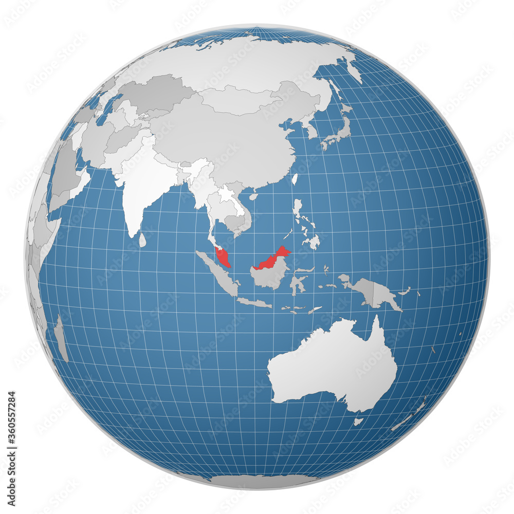 Globe centered to Malaysia. Country highlighted with green color on world map. Satellite world projection. Superb vector illustration. Globe centered to Malaysia. Country highlighted with green color on world map. Satellite world projection. Superb vector illustration.
