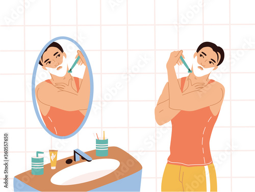Daily morning routine of a man. A young man in a T-shirt and shorts stands by the mirror in the bathroom and shaves. Male character of a man taking care of himself. Colorful vector flat illustrations.