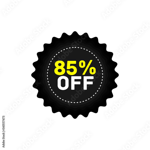 85% off discount sticker, sale black tag isolated vector illustration. Discount offer price label,symbol for advertising campaign in retail, sale promo marketing.Sale banner template