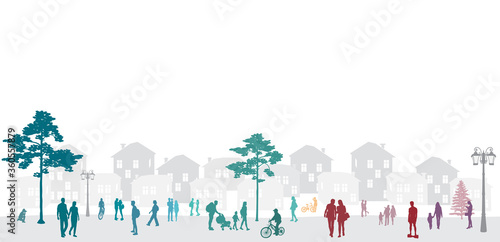 Silhouettes of people, men, women and teenagers walking, riding a Bicycle, families with children in a Park on the outskirts of the city, green red gray colors isolated on a white background