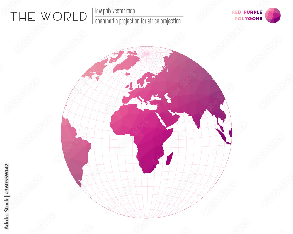 Abstract world map. Chamberlin projection for Africa projection of the world. Red and Purple colored polygons. Energetic vector illustration. Abstract world map. Chamberlin projection for Africa projection of the world. Red and Purple colored polygons. Energetic vector illustration.