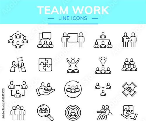 Conjunto de ícones sobre trabalho em equipe para infográficos ou websites	
