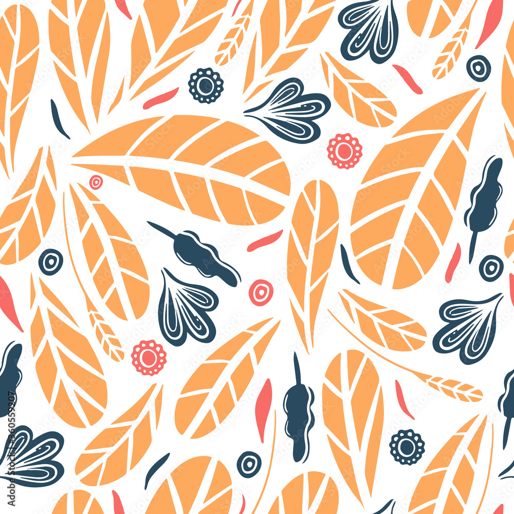 Seamless vector floral pattern with orange leaves and dark blue flowers in cartoon style. Vector illustration Seamless vector floral pattern with orange leaves and dark blue flowers in cartoon style. Vector illustration